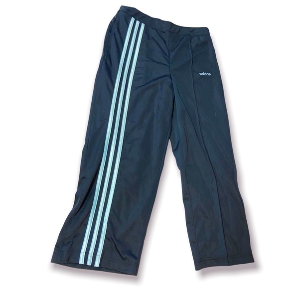 Adidas three stripe black blue cinch waist cropped athletic pants S - Picture 1 of 10